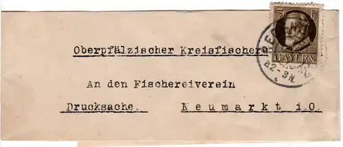 Bayern 1917, EF 3 Pf. auf Streifband des Fischeiverein Regensburg n. Neumarkt