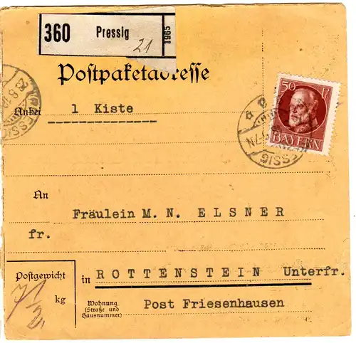 Bayern 1918, EF 50 Pf. auf Paketkarte v. PRESSIG n. Rottenstein UFr.