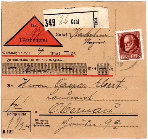 Bayern 1919, EF 50 Pf. auf Nachnahme Paketkarte v. KAHL