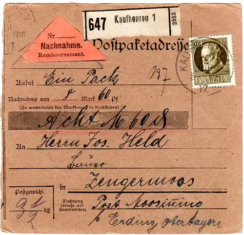 Bayern 1917, EF 40 Pf. auf Nachnahme Paketkarte v. KAUFBEUREN