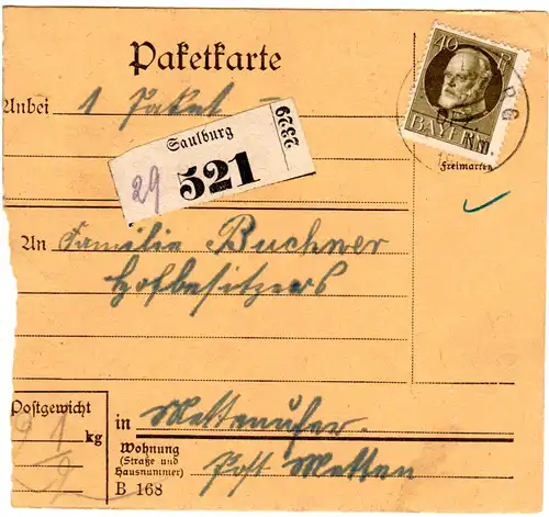 Bayern 1918, EF 40 Pf. auf Paketkarte v. SAULBURG