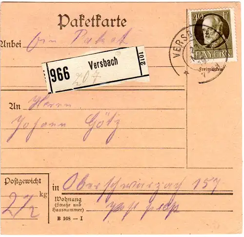 Bayern 1919, EF 40 Pf. auf Paketkarte v. VERSBACH n. Oberschwarzach