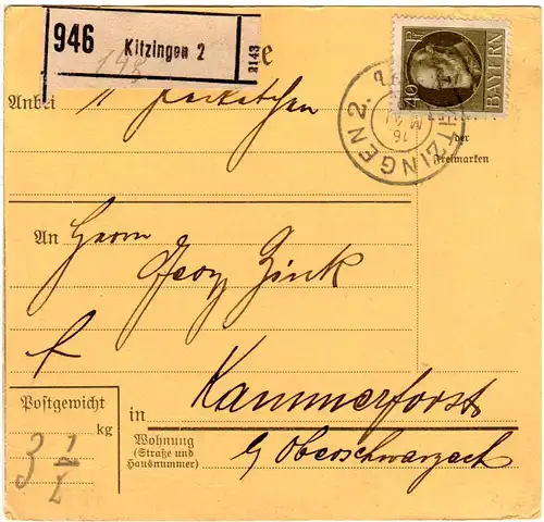 Bayern 1919, EF 40 Pf. auf Paketkarte v. KITZINGEN n. Kammerforst