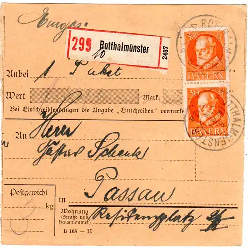 Bayern 1919, MeF Paar 30 Pf. auf Einschreiben Paketkarte v. ROTTHALMÜNSTER