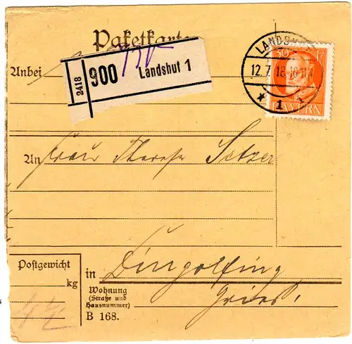 Bayern 1918, EF 30 Pf. auf Paketkarte v. LANDSHUT n. Dingolfing