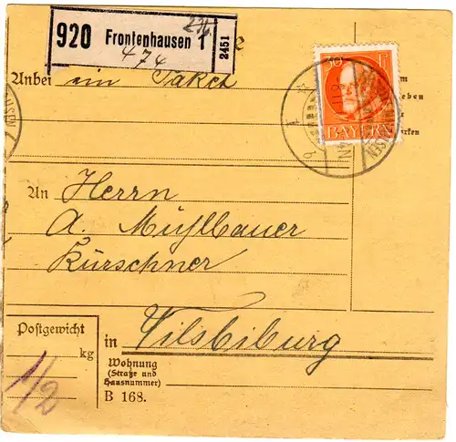Bayern 1917, EF 30 Pf. auf Paketkarte v. FRONTENHAUSEN n. Vilsbiburg
