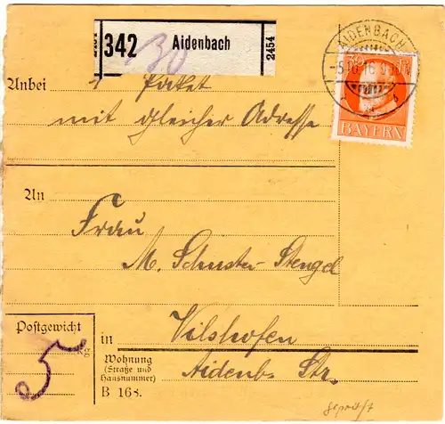 Bayern 1916, EF 30 Pf. Friedensdruck auf Paketkarte v. AIDENBACH. Geprüft