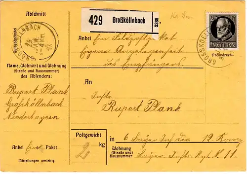 Bayern 1917, EF 25 Pf. auf Paketkarte v. GROSSKÖLLNBACH