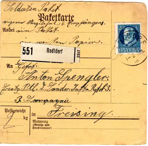 Bayern 1918, 20 Pf. auf Soldaten Paketkarte v. RADLDORF n. Freising