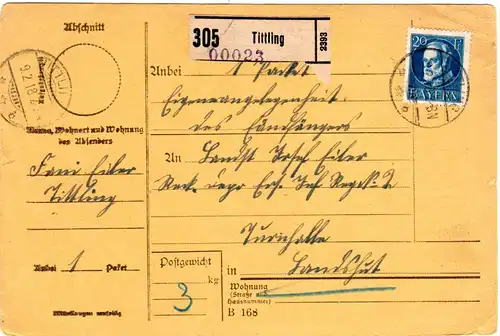 Bayern 1918, 20 Pf. auf Soldaten Paketkarte v. TITTLING