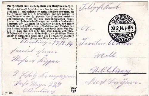 Viel Glück im Neuen Jahre!, 1914 v. Oldenburg per Feldpost gebr. Farb-AK 