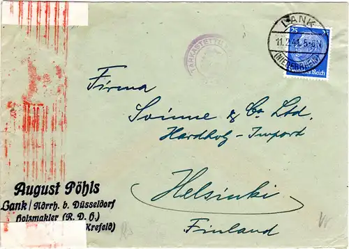 DR 1941, 25 Pf. auf Zensur Brief v. LANK Niederrhein n. Finnland