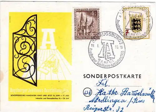 Augsburg, Jubiläums-Ausstellung 1955, Farb-Karte m. 2 Marken u. entspr. Stpl.