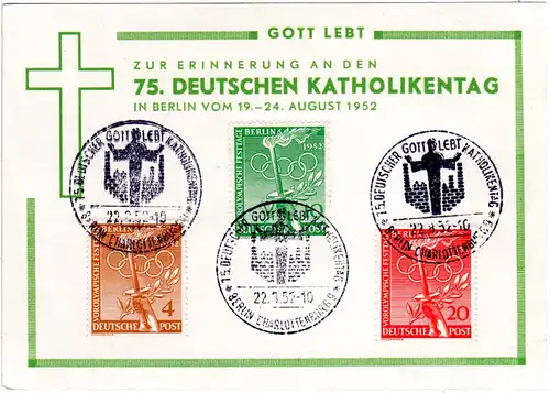 Berlin 1952, 75. dt. Katholikentag, Ereigniskarte m. 3 Marken u. Sonderstempel