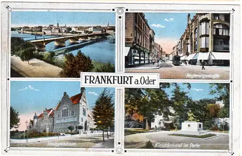 Frankfurt a. Oder, 1917 gebr. Mehrbild Farb-AK u.a.m. Trambahn u. Gymnasium 