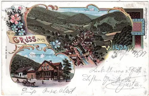 Gruss aus Wieda m. Kamphenkel´s Restaurant, 1899 gebr. Litho-AK