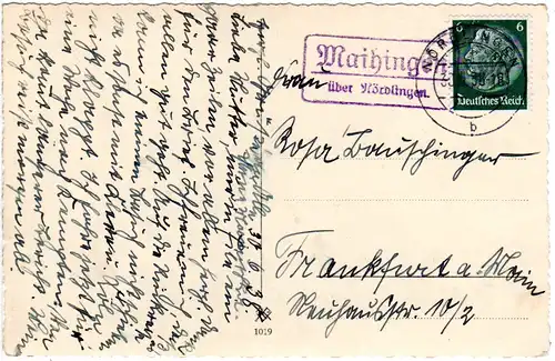 DR 1938, Hunde AK m. 6 Pf. u. Landpost Stpl. Maihingen über Nördlingen