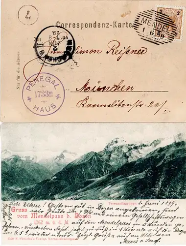 Österreich 1899, MENDEL Schraffenstpl. klar auf AK m. Cachet-Stpl. Penegal Haus