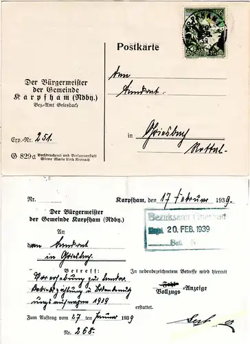 DR 1939, 6 Pf. WHW auf Gemeinde Karte v. Karpfham m. Bürgermeister Unterschrift