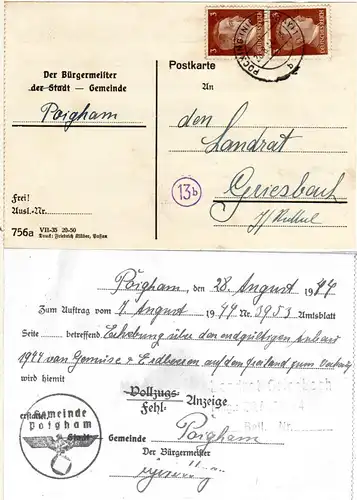 DR 1944, 2x3 Pf. auf Gemeinde Karte v. POIGHAM m. Bürgermeister Unterschrift