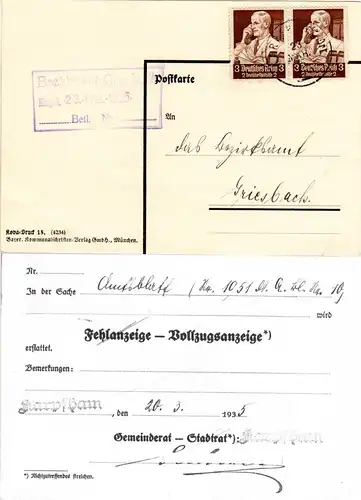 DR 1935,  2x3 Pf. auf Gemeinde Karte v. KARPFHAM m. Gemeinderats Unterschrift