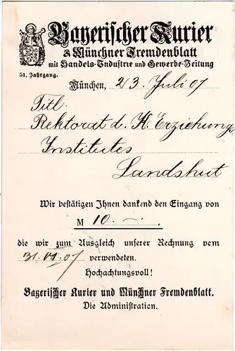 Bayern 1907, 5 Pf. auf Zeitungs Karte Bayer. Kurier & Münchner Fremdenblatt