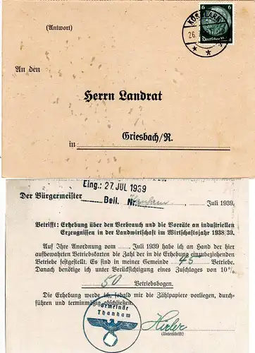 DR 1939, 6 Pf. auf Gemeinde Karte v. THANNHAM m. Bürgermeister Unterschrift