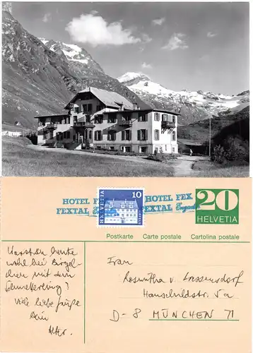 Schweiz, Hotel Fex, Fextal, Engadin, sw-AK u. Ganzsache m. blauem Hotel Stpl.