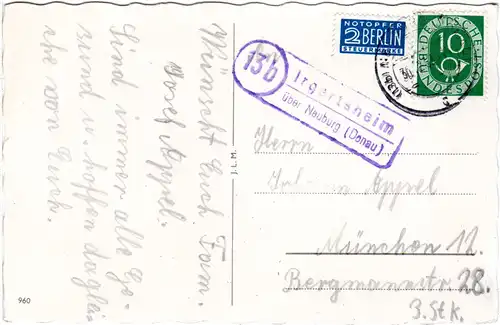 BRD 1954, Landpost Stpl. 13b IRGERTSHEIM über Neuburg auf Karte m. 10 Pf.