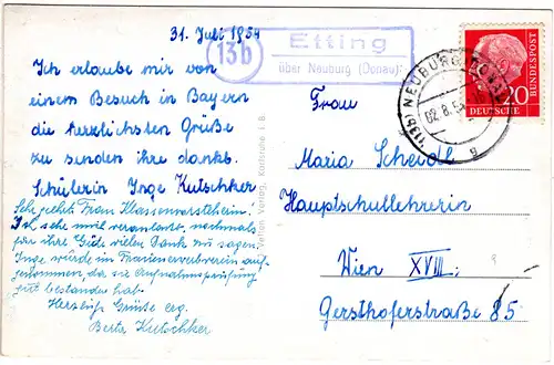BRD 1954, Landpost Stpl. 13b ETTING über Neuburg auf Karte m. 20 Pf. Heuss