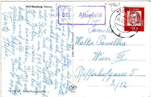 BRD 1963, Landpost Stpl. 8859 ATTENFELD über Neuburg auf Karte m. 20 Pf. 