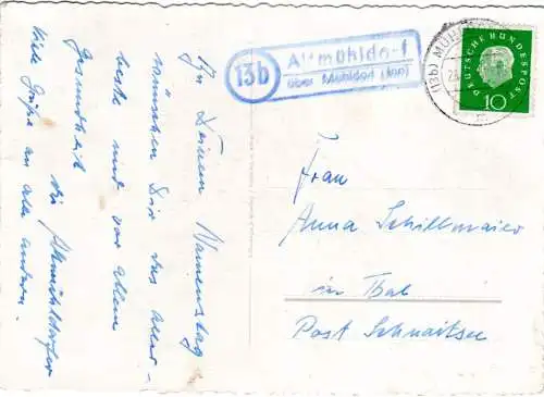 BRD 1962, Landpost Stpl. 13b ALTMÜHLDORF über Mühldorf auf Karte m. 10 Pf. 