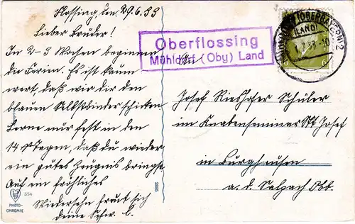 DR 1933, Landpost Stpl. OBERFLOSSING Mühldorf Land auf Karte m. 6 Pf.