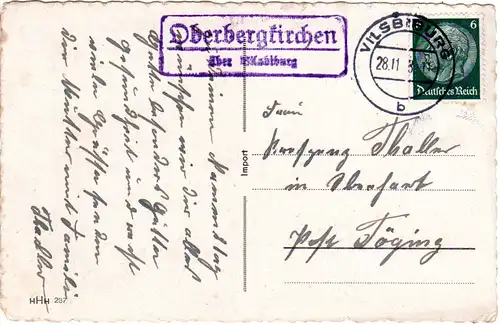 DR 1938, Landpost Stpl. OBERBERGKIRCHEN über Vilsbiburg auf Karte m. 6 Pf.