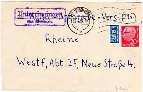 BRD 1955, Landpost Stpl. UNTERRINGINGEN über Nördlingen auf Brief v. Leiheim