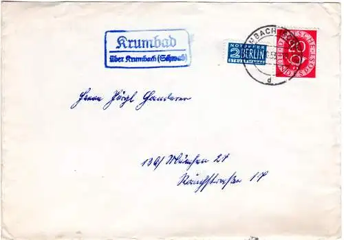 BRD 1953, Landpost Stpl. 13b KRUMBAD über Krumbach auf Brief m. 20 Pf.