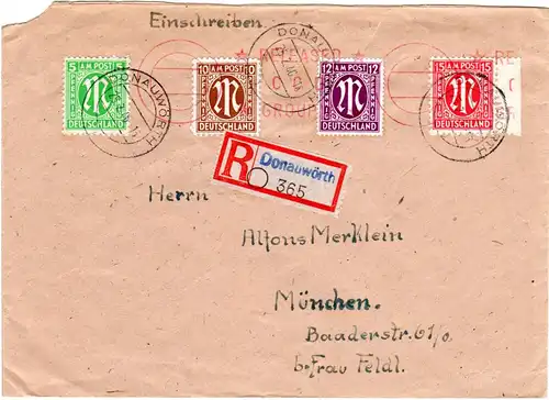 1946, 5+10+12+15 Pf. portorichtig auf Einschreiben Brief v. DONAUWÖRTH.