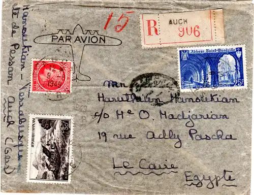 Frankreich 1949, 3 Marken auf Luftpost Einschreiben Brief v. AUCH n. Ägypten