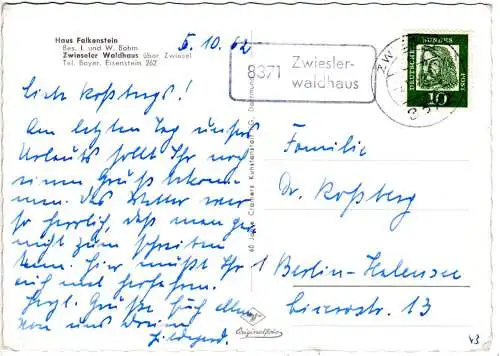 BRD 1962, Landpost Stpl. 8859 Zwieslerwaldhaus auf AK Haus Falkenstein