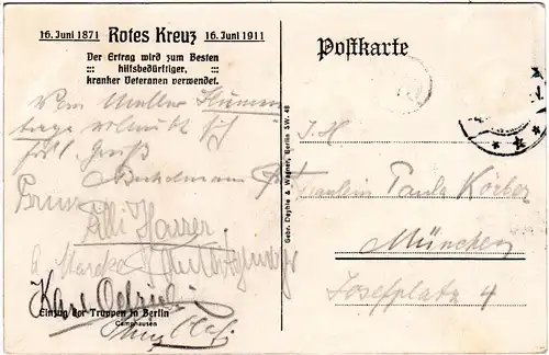 Berlin, Einzug der Truppen 1871, 1911 gebr. Rotes Kreuz Jubiläums AK