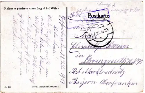 Litauen Russland, Dt. Kolonnen am Engpass bei Wilna, 1917 m. FP gebr. sw-AK