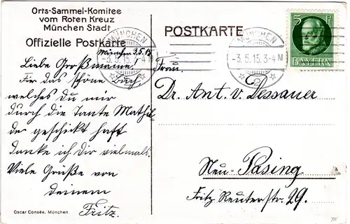 München, Rotes Kreuz Sammel-Komitee, 1915 gebr. Farb-AK