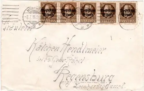 Bayern 1919, 5er-Streifen 3 Pf. Volksstaat auf portorichtigem Brief v. München 2