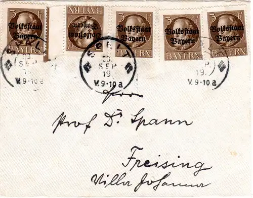 Bayern 1919, MeF 5x3 Pf. Volksstaat auf portorichtigem Brief v. SPALT 