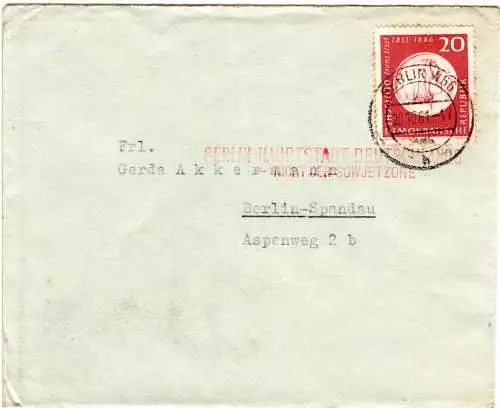 DDR 1961, Propaganda Stpl. BERLIN Haupstadt Deutschlands... auf Brief m. 20 Pf.