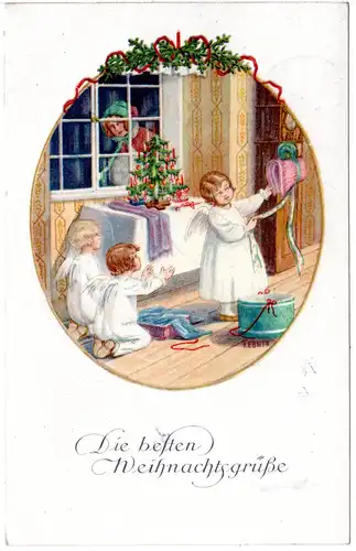 Weihnachten, Weihnachtsgrüße m. Engeln u. Christbaum, 1919 gebr. Farb-AK