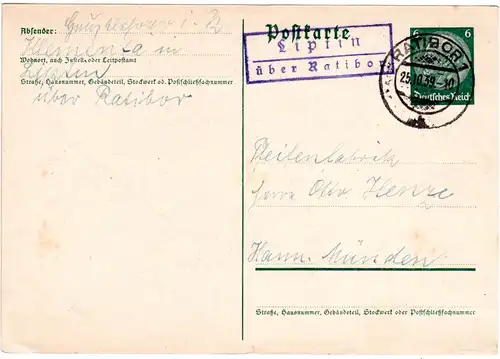 DR 1939, Landpost Stpl. LIPTIN über Ratibor auf 6 Pf. Ganzsache