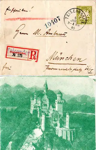 Bayern 1905, 30 Pf. auf Einschreiben Briefteil v. TEISENDORF. Reko-Zettel!