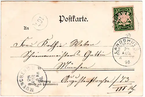 Bayern 1898, K1 Landshut 3 Obeliskenplatz auf sw-AK m. 5 Pf.