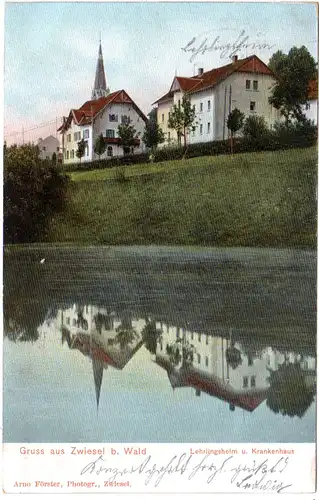 Gruß aus ZWIESEL b. WALD, Lehrlingsheim u. Krankenhaus, 1904 gebr. Farb-AK 